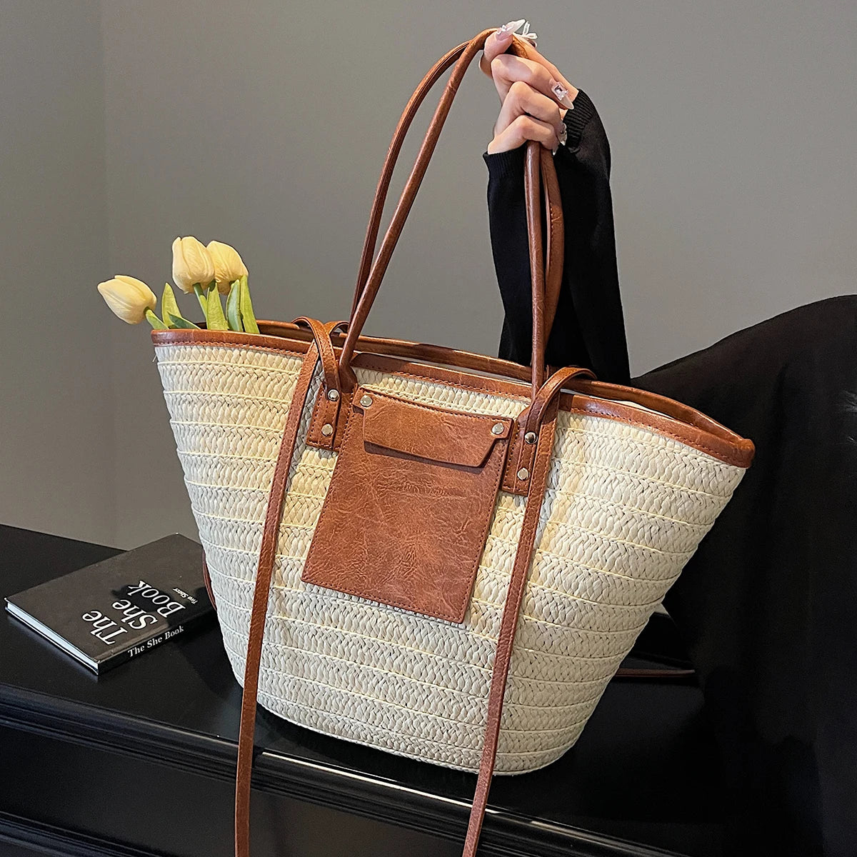 Woven Straw Tote Bag for Women | Summer Beach Shoulder Handbag | Boho Casual Shopper Purse | Large Capacity Travel Bag
