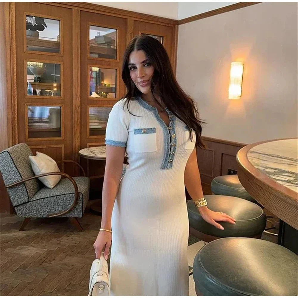 Women’s Cream Knit Maxi Dress | Vintage Button Detail Bodycon Dress for Elegant Casual & Vacation Wear