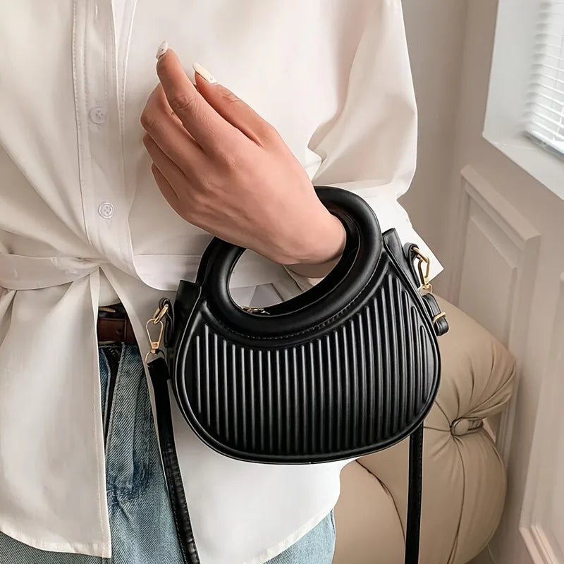 Black Round Handle Handbag for Women | Modern Ribbed Crossbody Purse | Elegant Mini Shoulder Satchel