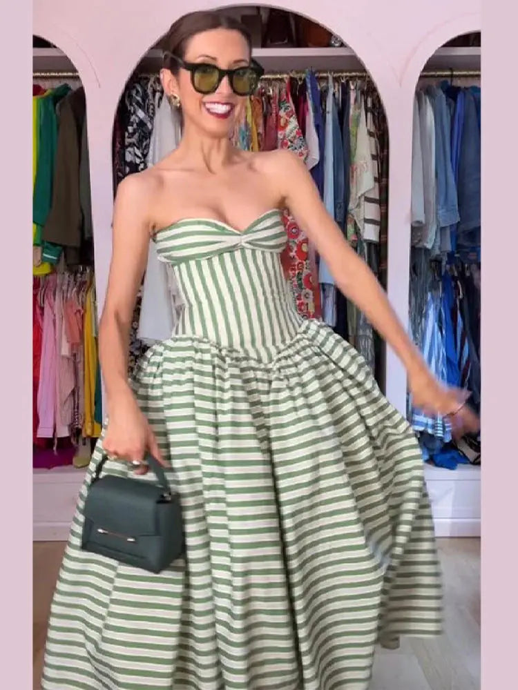 Women’s Sage Green Stripe Corset Midi Dress | Strapless Fit & Flare Ball Gown Dress for Garden Parties, Tea Parties & Special Occasions