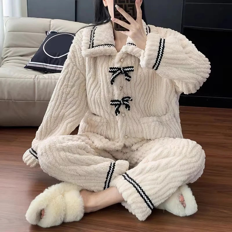 Women's Plush Fleece Pyjama Set | Cozy Button Up Loungewear & Sleepwear Two Piece Set
