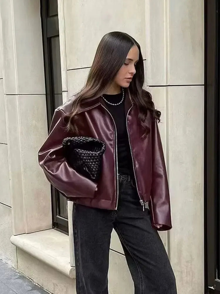 Women’s Burgundy Faux Leather Jacket | Oversized Vintage Zip-Up Cropped Moto Coat