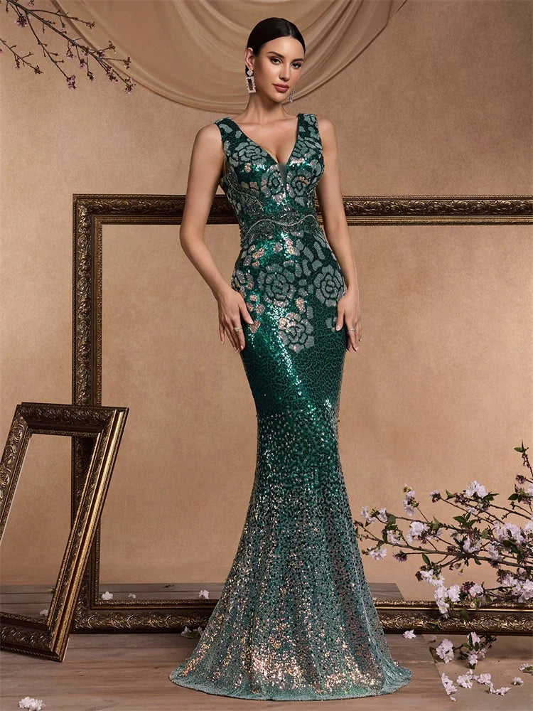 Women’s Emerald Green Sequin Mermaid Evening Gown | V-Neck Floral Beaded Formal Dress for Prom, Galas, Weddings & Black Tie Events