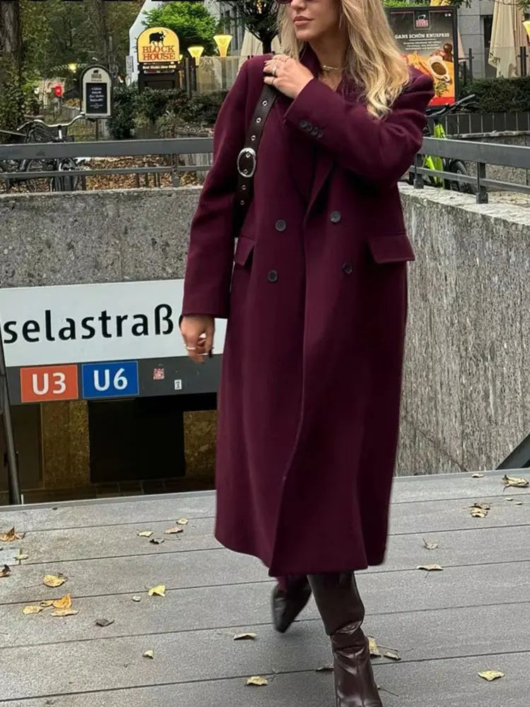 Burgundy Long Wool Coat | Double Breasted Winter Coat