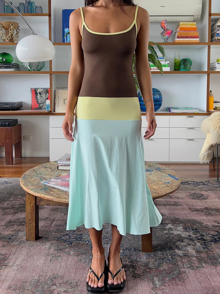 Women’s Color Block Slip Midi Dress | Brown & Mint Contrast A-Line Summer Dress