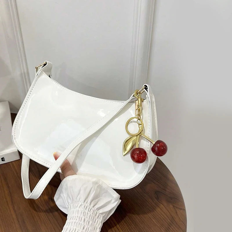 Cherry Charm Patent Leather Shoulder Bag for Women | Y2K Crescent Hobo Bag | Glossy Crossbody Purse | Cute Retro Handbag
