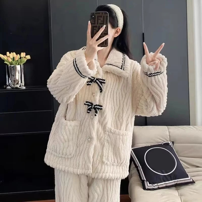 Women's Plush Fleece Pyjama Set | Cozy Button Up Loungewear & Sleepwear Two Piece Set