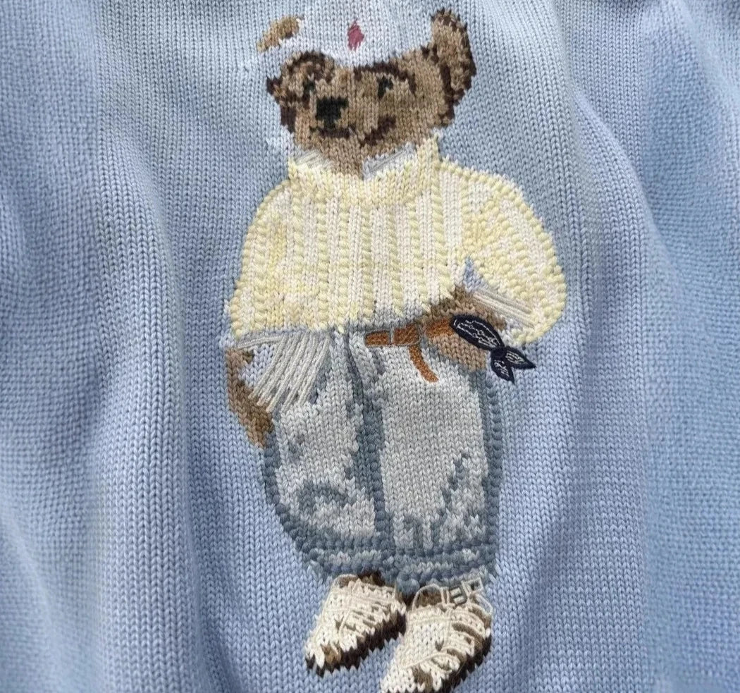 Women’s Baby Blue Teddy Bear Knit Sweater | Cute Oversized Crew Neck Pullover for Winter, Casual Wear & Cozy Outfits