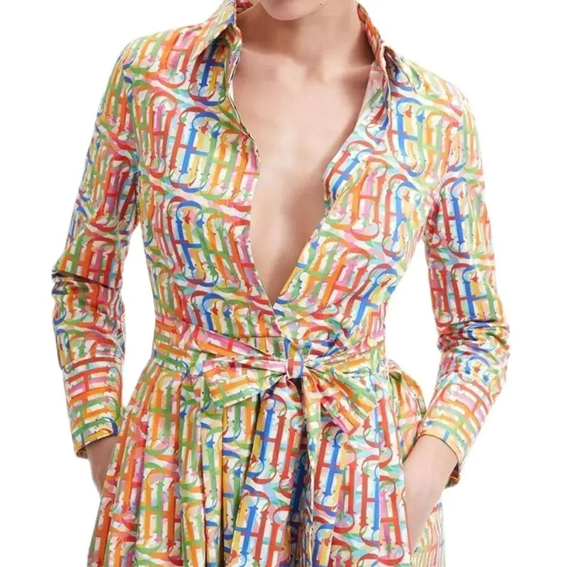 Printed Shirt Midi Dress Women | Long Sleeve Belted A Line Elegant Dress
