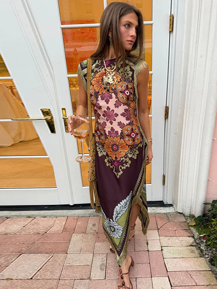 Women’s Vintage Floral Print Midi Dress | Elegant Short Sleeve Boho Maxi Dress for Fall, Vacations & Casual Wear