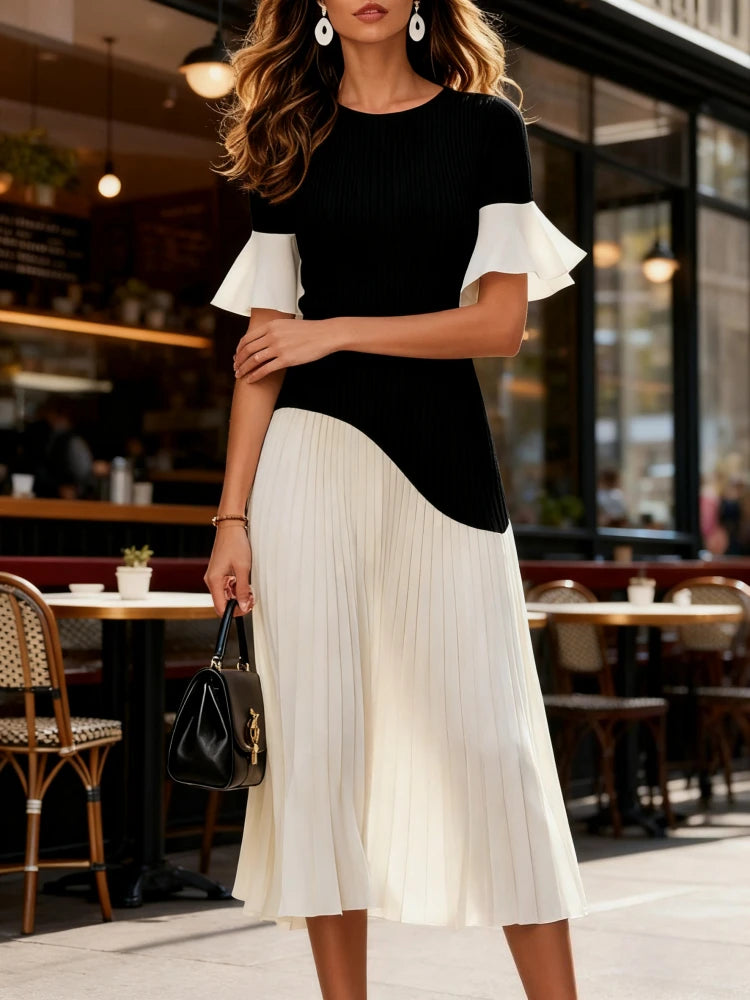Pleated Midi Dress Women | Color Block Short Sleeve Elegant Dress