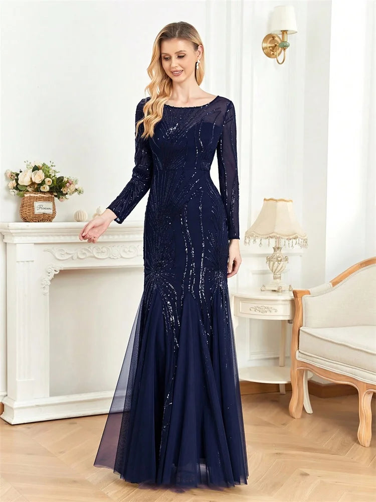 Women’s Navy Blue Sequin Mermaid Evening Gown | Long Sleeve Illusion Neck Formal Maxi Dress for Galas, Weddings & Black Tie Events