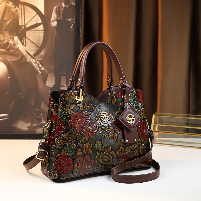 Vintage Floral Handbag for Women | Elegant Designer Shoulder Tote | Embossed Leather Crossbody Purse | Fashion Everyday Bag