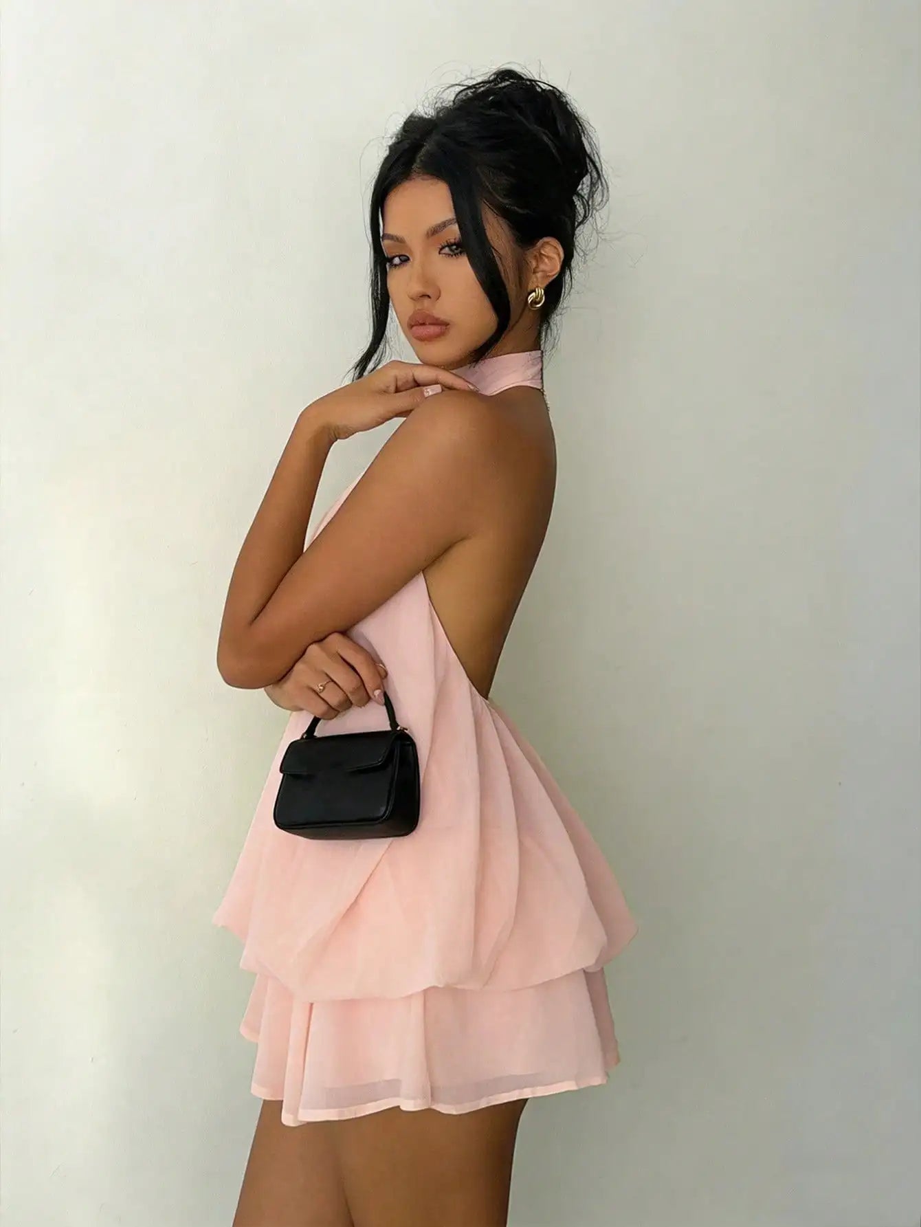Women’s Blush Pink Halter Neck Chiffon Mini Dress | Flowy Layered A-Line Cocktail Dress for Parties, Date Nights & Summer Events