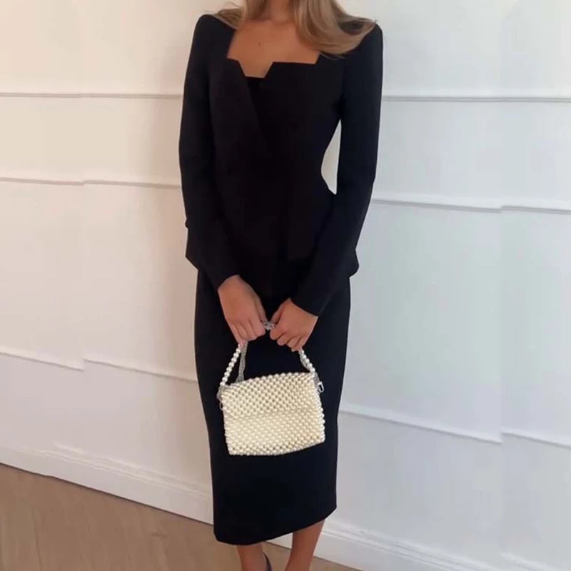 Women's Tailored Blazer & Midi Skirt Co-Ord Set | Elegant Formal Two Piece Suit Outfit