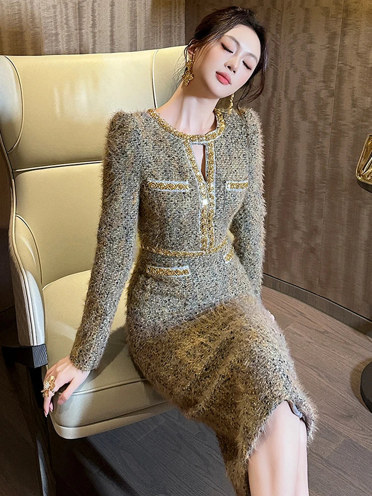 Luxury Tweed Midi Dress Women | Gold Trim Long Sleeve Elegant Bodycon Dress