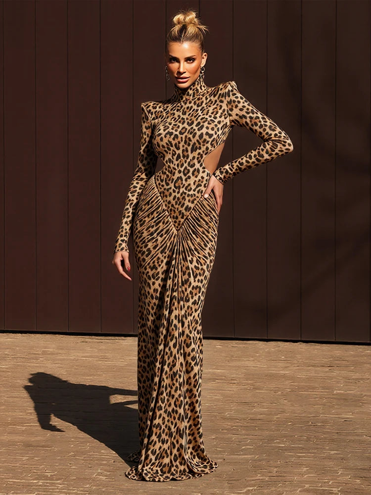 Women’s Leopard Print Cut Out Maxi Dress | Long Sleeve Bodycon Mock Neck Evening Gown for Parties, Galas & Luxury Events