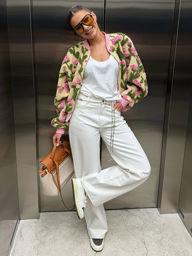 Women’s Floral Textured Bomber Jacket | Oversized Cozy Teddy Zip-Up Statement Coat