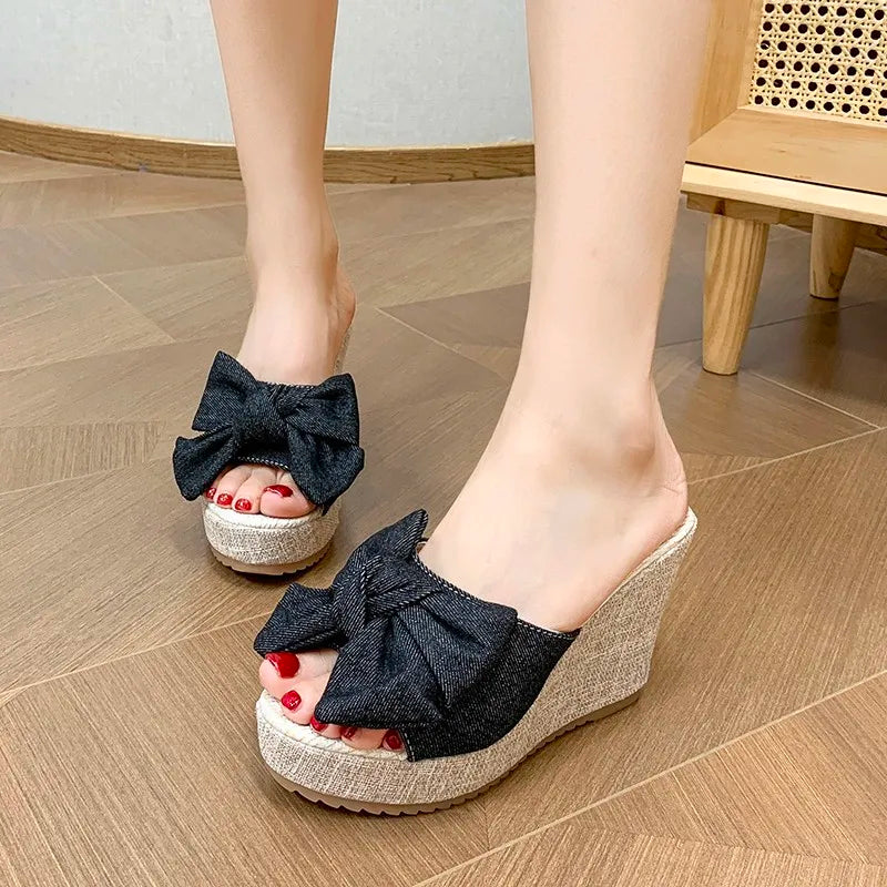 Women’s Bow Wedge Slide Sandals – Stylish Platform Slippers for Casual, Beach & Summer Wear
