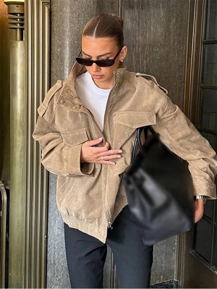 Women’s Oversized Utility Jacket | Vintage Washed Zip Up Streetwear Coat