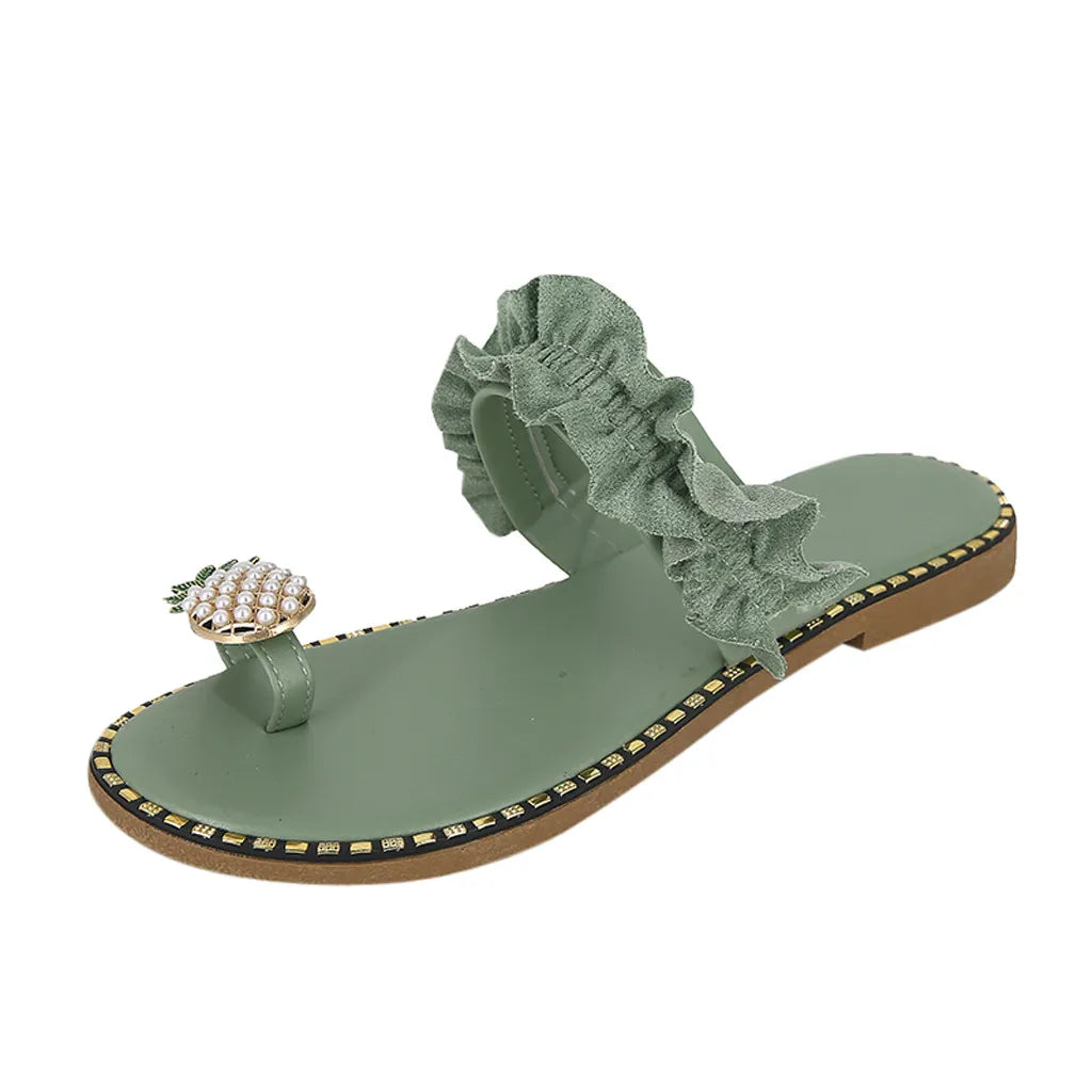 Women’s Ruffle Toe Ring Flat Sandals – Pearl Pineapple Slip-On Beach Slides for Summer, Vacation & Casual Wear