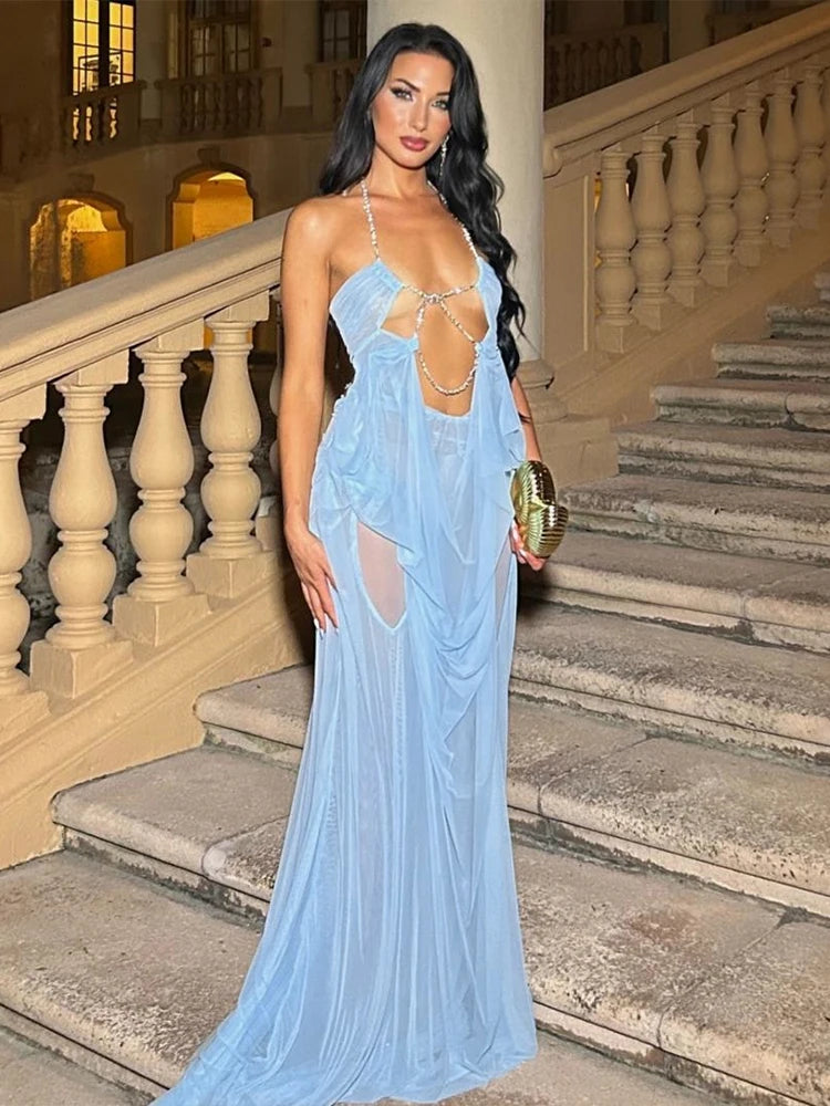 Sheer Bodycon Maxi Dress Women | Cut Out Halter Evening Party Dress