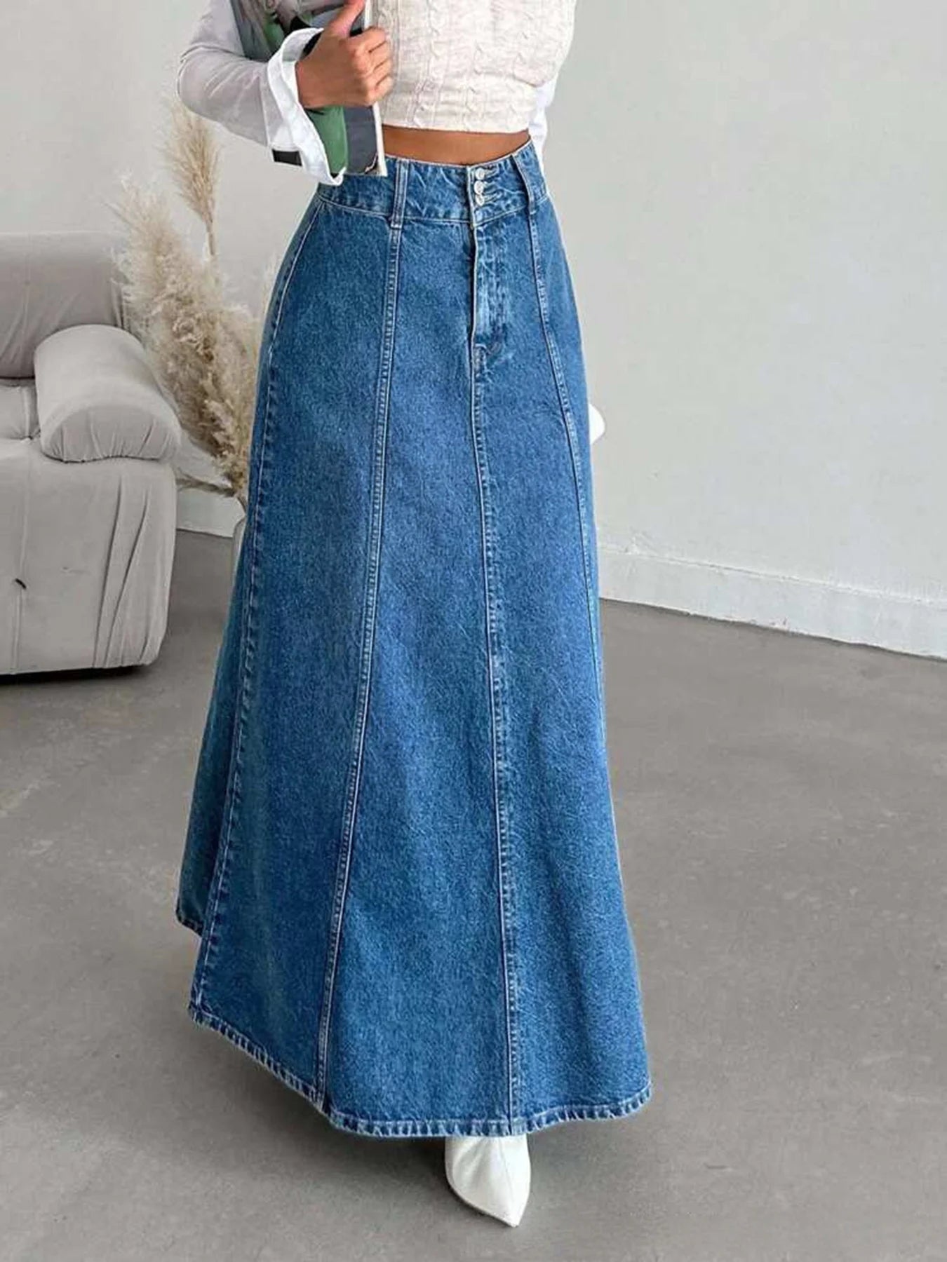 Women High Waist Denim Maxi Skirt Vintage A Line Long Jeans Skirt