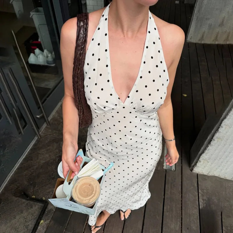 Women’s White Polka Dot Halter Maxi Dress | Elegant Backless Summer Vacation & Resort Dress