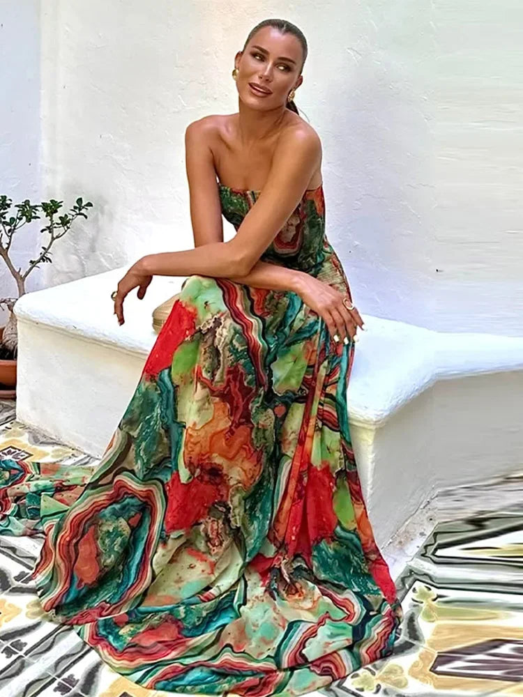 Women’s Strapless Abstract Print Maxi Dress | Bohemian Smocked Resort Gown for Vacations, Beach Weddings & Summer Events