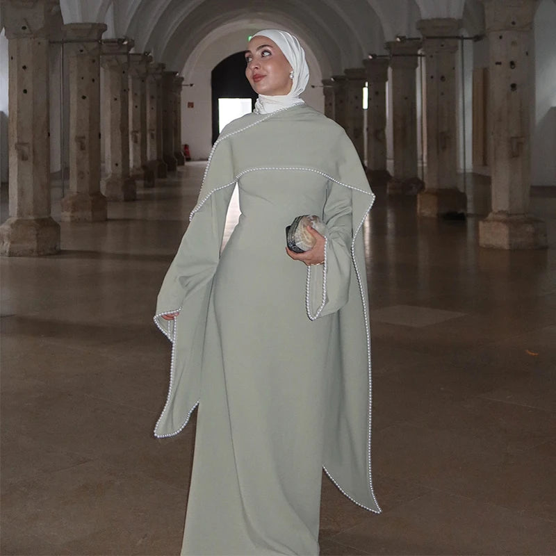 Women’s Sage Modest Abaya Dress Set | Elegant Pearl Trim Maxi Kaftan with Matching Shawl for Eid, Ramadan & Formal Occasions