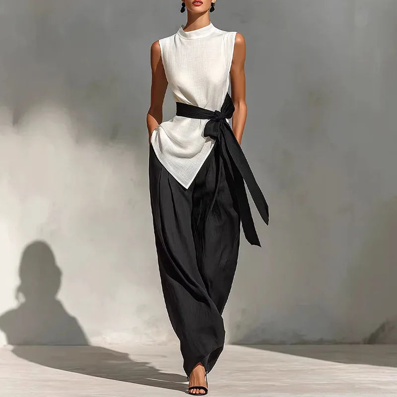 Women's Sleeveless High Neck Tunic & Wide Leg Trousers Co-Ord Set | Elegant Contemporary Two Piece Outfit