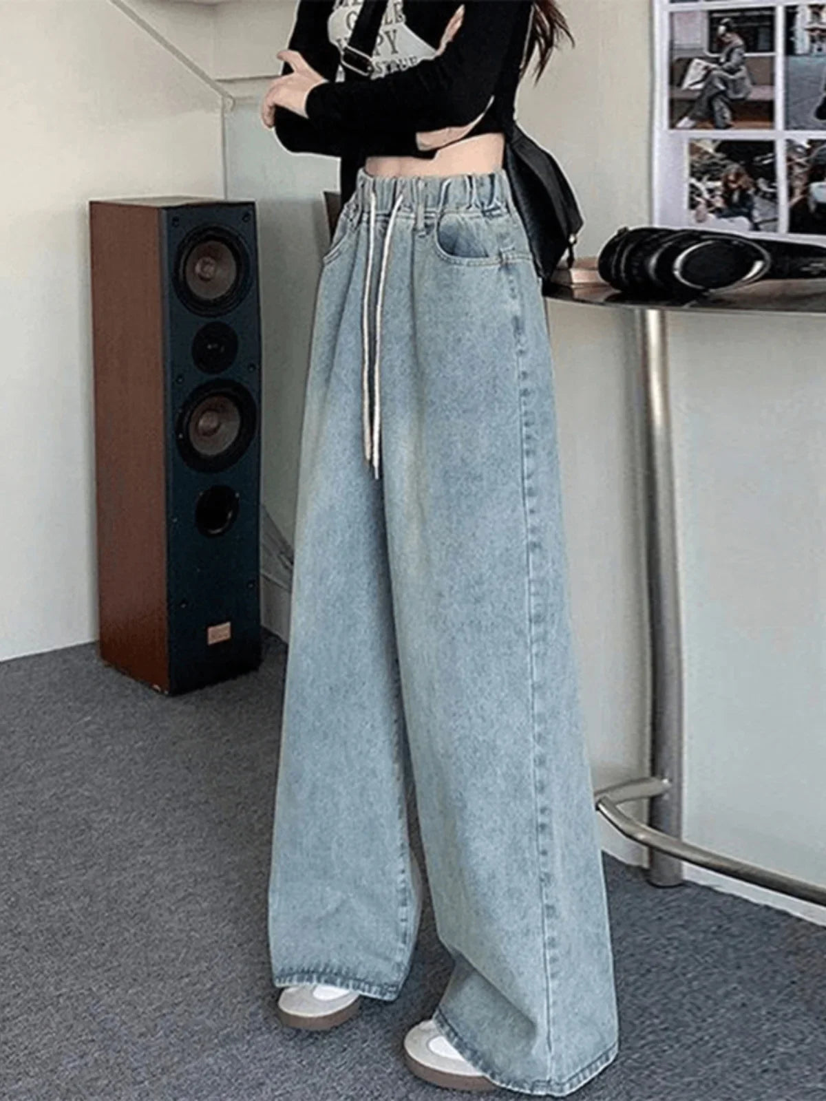 Women Baggy Wide Leg Jeans High Waist Drawstring Denim Trousers