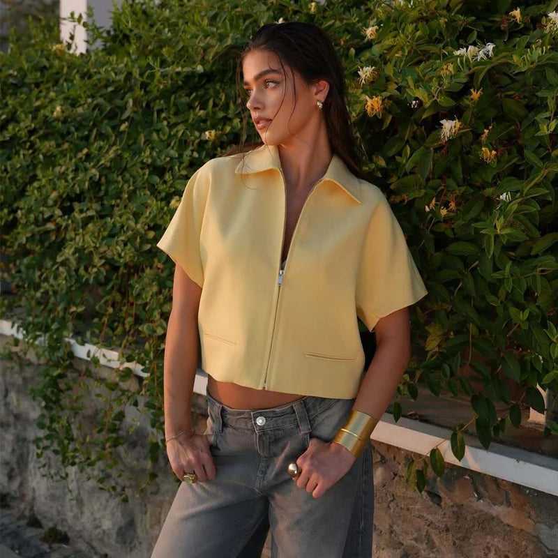 Cropped Zip Top | Minimalist Short Sleeve Jacket