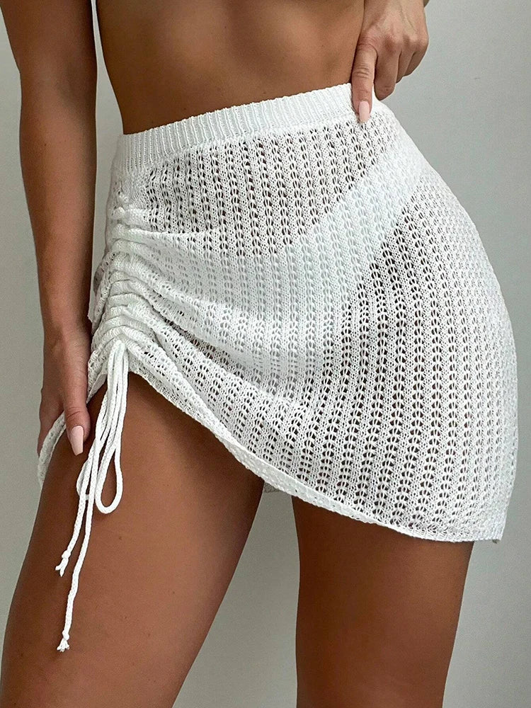 Women Crochet Knit Mini Skirt High Waist Drawstring Beach Cover Up Skirt