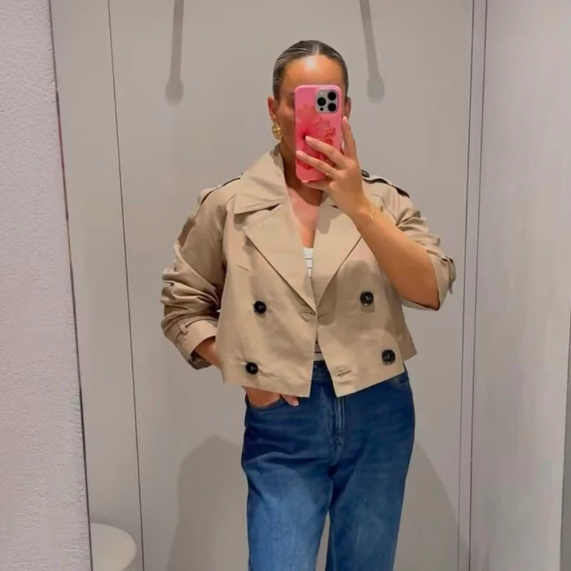 Beige Cropped Trench Coat | Double Breasted Jacket Women