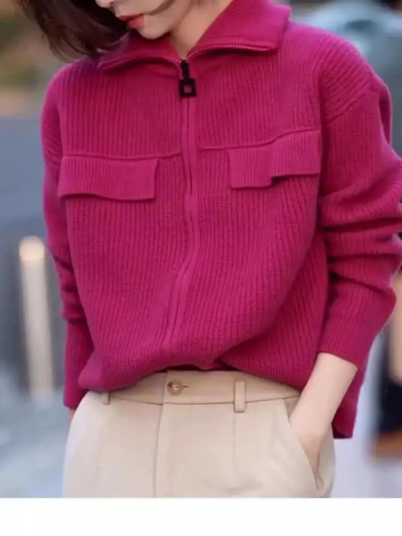 Women’s Ribbed Zip Up Knit Sweater Jacket | Cozy Pink Collared Cardigan Top