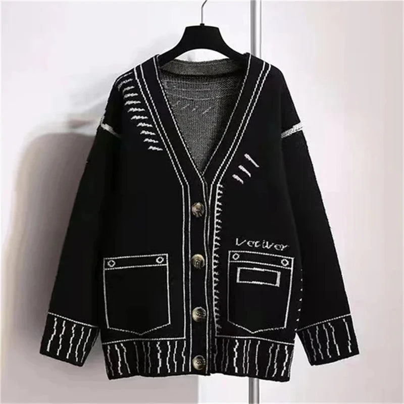 Women’s Oversized Contrast Knit Cardigan | Graphic Black & White Button-Up Sweater Coat