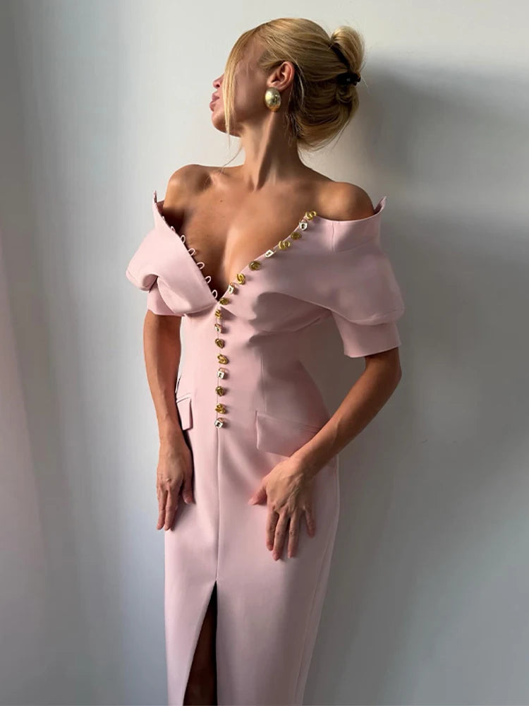 Women's Tailored Midi Dress with Statement Button Detail | Elegant Formal Occasion Dress