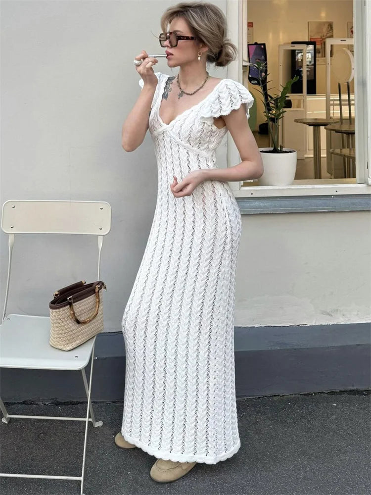 Women’s Cable Knit Maxi Dress | Ruffle Sleeve V-Neck Sweater Dress for Spring, Vacation & Elegant Casual Wear