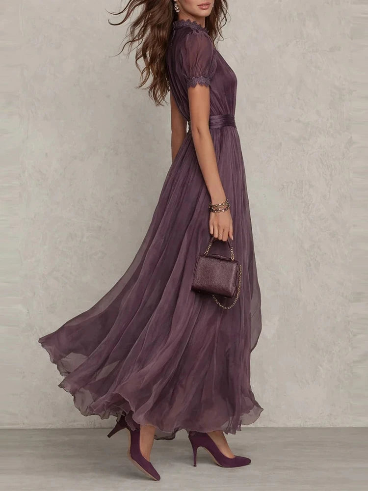 Women’s Vintage Plum Chiffon Maxi Dress | Elegant Puff Sleeve Pleated Formal Dress for Weddings, Evening Parties & Special Occasions