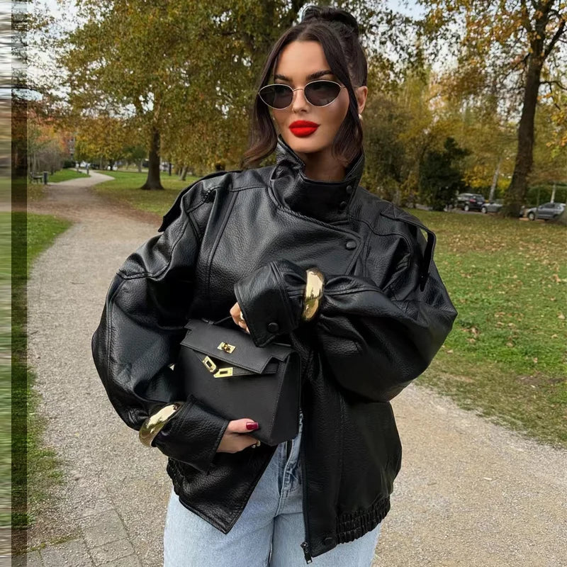 Faux Leather Moto Jacket | Oversized Biker Jacket