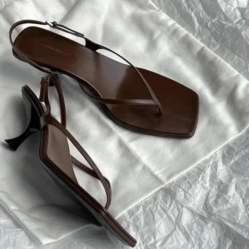 Women’s Minimal Slingback Heel Sandals – Elegant Square Toe Thong Heels for Party & Evening Wear
