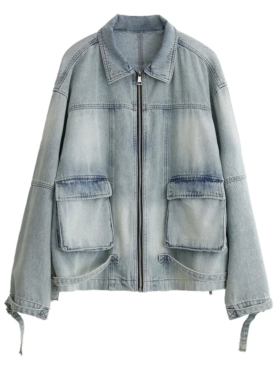 Women’s Oversized Washed Denim Jacket | Vintage Zip Up Casual Streetwear Jean Jacket