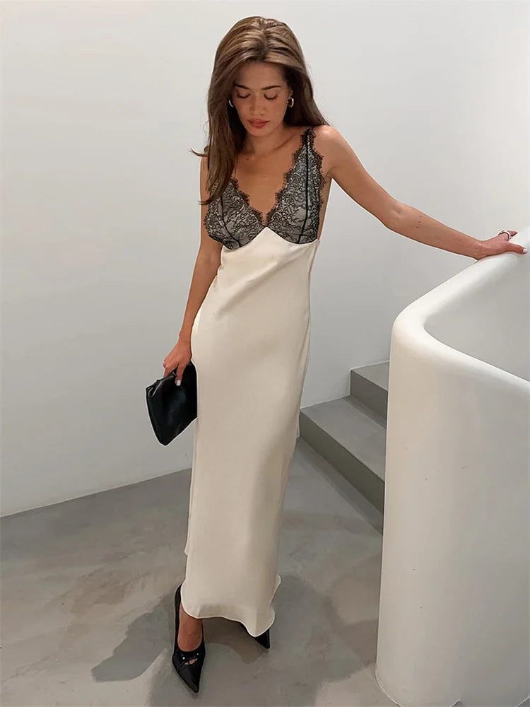 Satin Midi Dress Women | Lace Trim Slip Dress Elegant V Neck Evening Dress