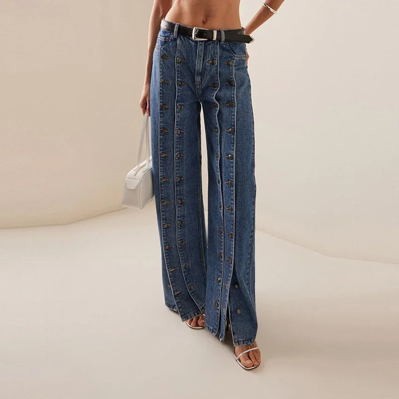 Women High Waist Wide Leg Button Detail Jeans Vintage Streetwear Denim Pants