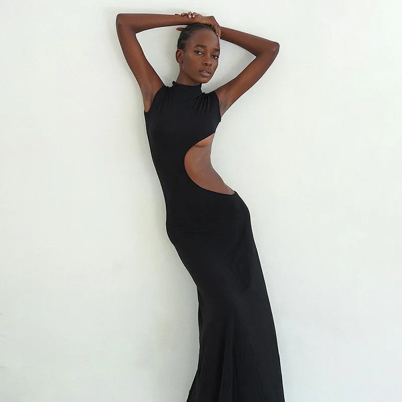 Cut Out Bodycon Maxi Dress Women | High Neck Sleeveless Evening Dress