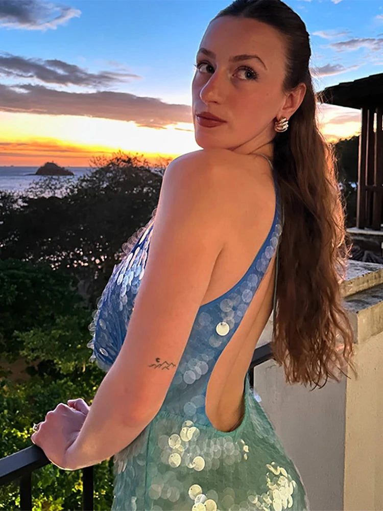 Women’s Blue Sequin Halter Mini Dress | Iridescent Cut Out Party Dress for Clubwear & Vacation Nights