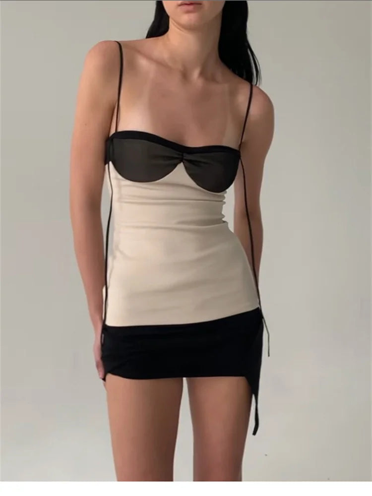 Women’s Contrast Trim Bodycon Mini Dress | Beige & Black Spaghetti Strap Party Dress for Date Night
