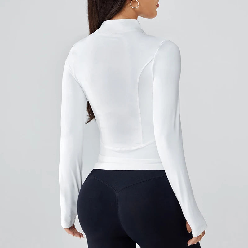 Women’s White Zip-Up Sports Jacket | Slim Fit Long Sleeve Workout Top with Stand Collar for Gym, Yoga, Running & Activewear