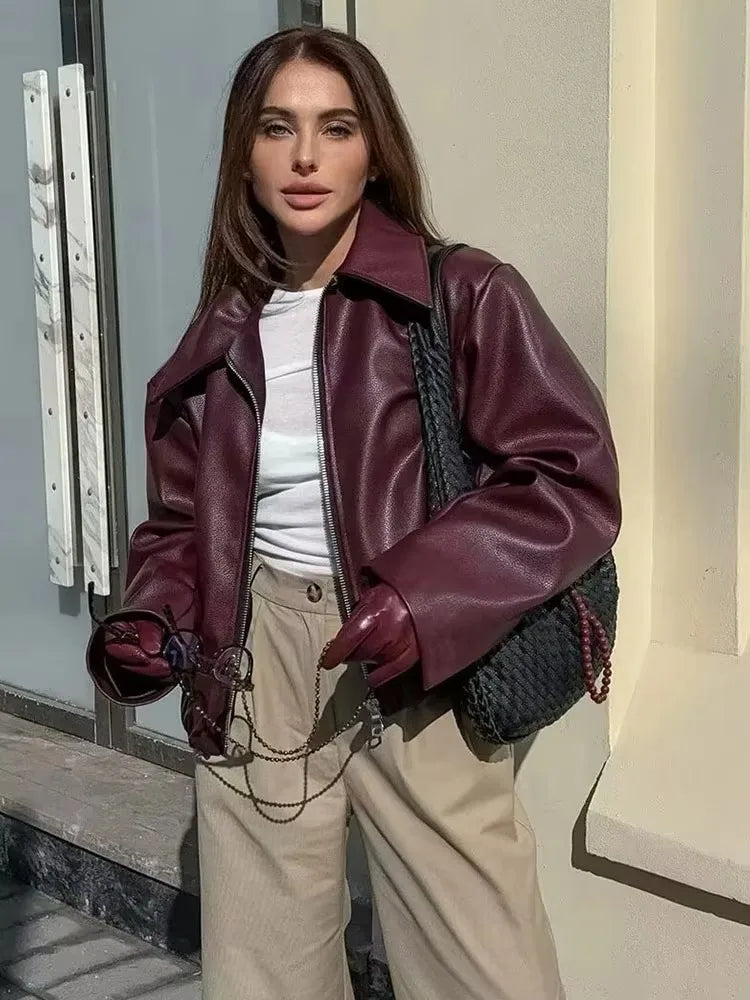 Women’s Burgundy Faux Leather Jacket | Oversized Vintage Zip-Up Cropped Moto Coat